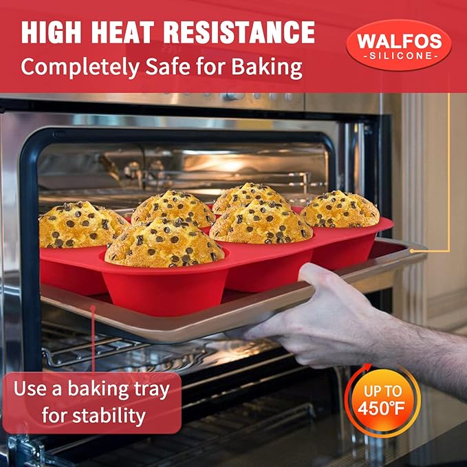 Walfos Silicone Texas Muffin Pan - 6 Cup Jumbo Silicone Cupcake Pan, Non-Stick, Just PoP Out! Perfect for Egg Muffin, Big Cupcake - BPA Free and Dishwasher Safe