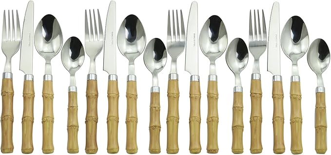 The Original Brink House Beyond Bamboo Stainless Steel Cutlery Set with Naturalistic Bamboo Handles / 16 pieces with Metal Stand, Lifestyle utensils set for home, first apartment, dorm, outdoor events
