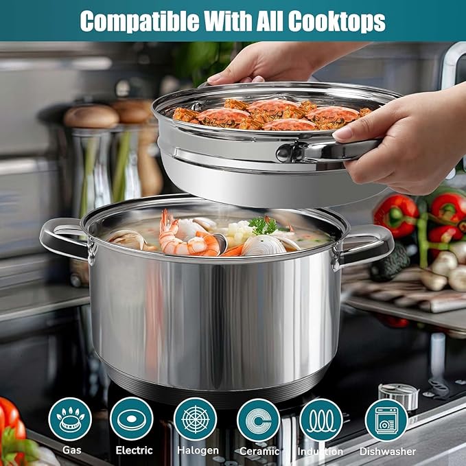 6 QT Stainless Steel Cookware Set, 3-Piece Multipurpose Stock Pot with Steamer Pot and Tempered Glass Lid, Stainless Steel Handle, Work with Gas Electric Induction Stove