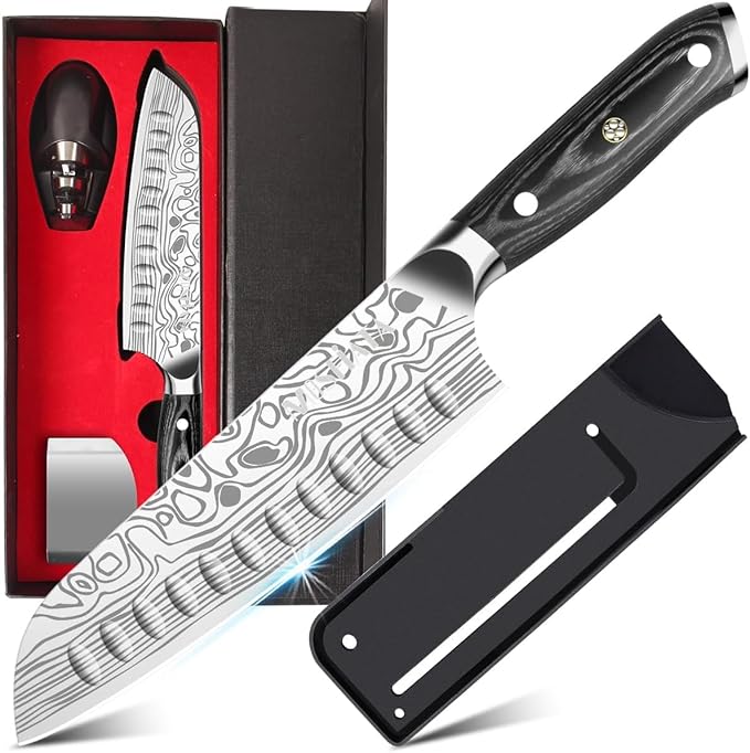 MOSFiATA Santoku Knife- 7 Inch Vegetable Knife Ultra Sharp Chopping Knife- Forged EN.4116 German Steel- Including Sheath,Finger Guard,Knife Sharpener,Full Tang,Best Gifts with Handmade Gift Box