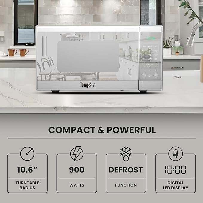 Total Chef 0.9 Cu Ft Microwave Oven – Compact Countertop Microwave, Small Stainless Steel Kitchen Appliance with Digital Touch, Pre-Set Functions, 10.6” Turntable, 900 Watt, Microondas Pequeños