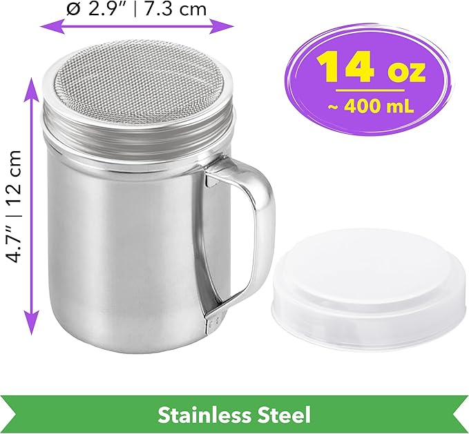 CUSINIUM Large Powdered Sugar Shaker Duster - With Handle - Cinnamon Shaker For Coffee Bar- Fine Mesh Dredge - 14 ounce | Style: Fine