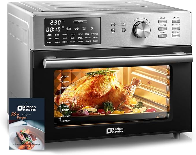 Kitchen in the box 32QT Extra Large Air Fryer Toaster Oven Combo, 21-in-1 Countertop Convection Toaster Oven with Rotisserie and Dehydrate, 6 Accessories, 1800W Dual Cook Preset (Silver)