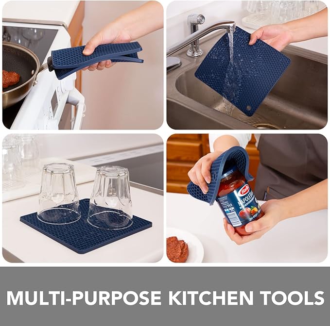 Joyhalo Trivets for Hot Dishes - Hot Pads for Kitchen, Silicone Pot Holders for Hot Pots and Pans, Silicone Mats for Kitchen Countertops, Table, Flexible Easy to Wash and Dry, Navy