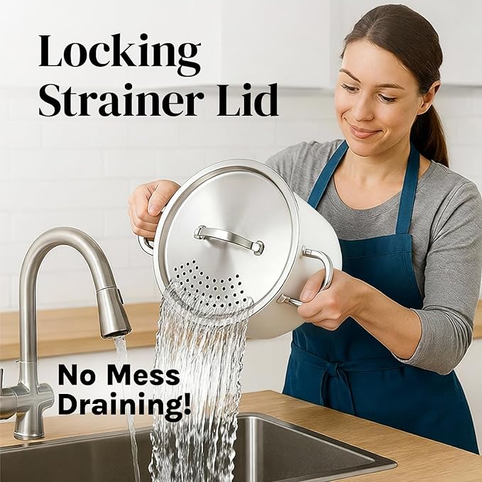 Cooler Concepts Pasta Pot with Strainer Lid - 5.5 Quart Large Spaghetti Pot - Twist & Lock for Easy Drain & No Colander Or Strainer Basket Insert Needed - Dishwasher Safe Pots