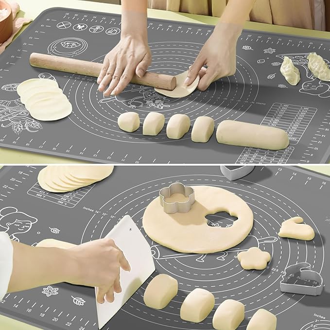 Silicone Pastry Mat 28" x 20" Extra Thick Non Stick Baking Mat with Measurements and Edge Heightening, Food Grade Silicone Rolling Mat for Pastry, Bread, Cookies, Pizza, Fondant, Pasta