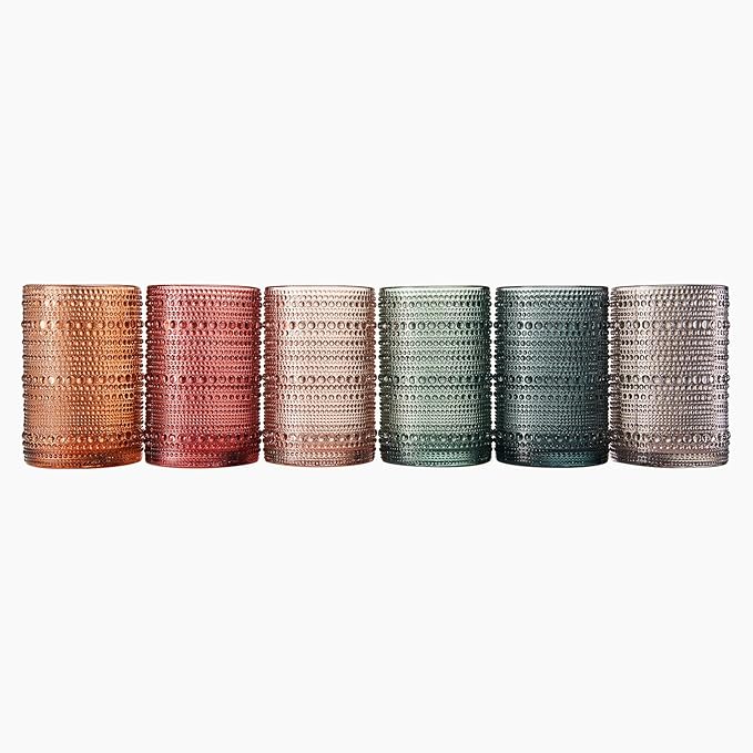 Khen Hobnail Beaded Highball Drinking Tumbler Glasses | Set of 6 | Color, Vintage Bubble Design Whiskey Glassware, Old-Fashioned, Embossed Design for Water, Wine, Cocktail Embossed, Rocks Glass