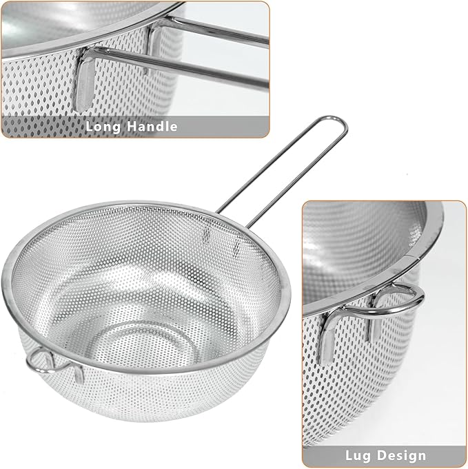 Metal Fine Mesh Strainer and Colander for Kitchen with Handle, Stainless Steel Pasta Strainer/Kitchen Funnel/Collander/Sifter for Strain/Wash Vegetables, Fruits, Spaghetti, Rice (8.6＂)