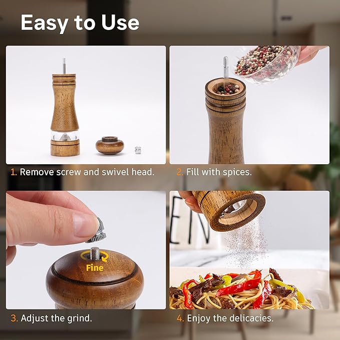 Wooden Salt and Pepper Grinder Set, Premium Oak Wood Salt Grinders Shakers, Pepper Mill with Acrylic Clear Window, Adjustable Ceramic Grinder - 6 inches, 2 Pack