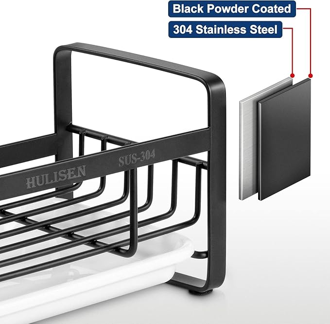 HULISEN Kitchen Sink Sponge Holder, 304 Stainless Steel Kitchen Soap Dispenser Caddy Organizer, Countertop Soap Dish Rack Drainer with Removable Drain Tray, not Including Dispenser and Brush, Black