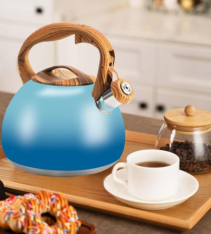 Tea Kettle, 3.2Qt/3Liter Whistling Kettle,Food Grade Cool Handle Tea pot,One-Button Switch, Apply to Various Stovetops, Coffee/Tea (Sky Blue Gradient)