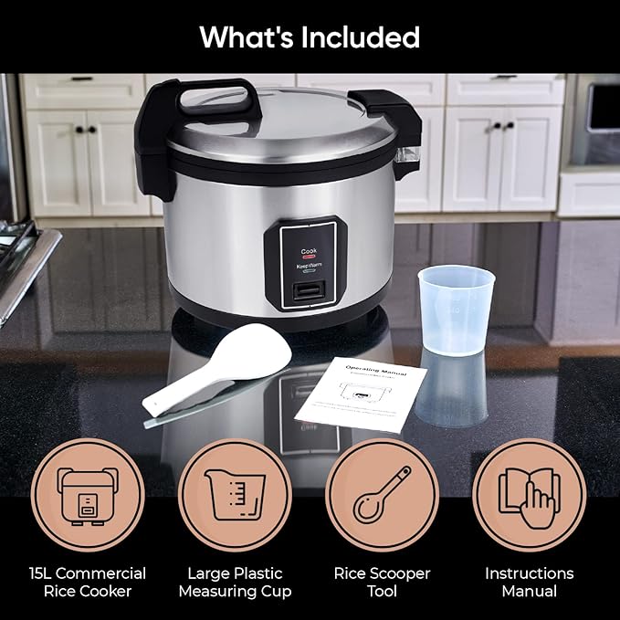 Commercial Stainless Steel Rice Cooker - Professional 64 Cup Cooked (32 Cup Uncooked) Rice Maker Cooker With Non Stick Pot & Hinged Lid - Includes a Rice Measuring Cup & Rice Scoop