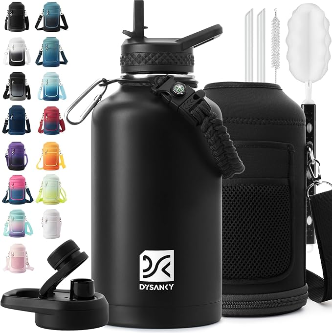 DYSANKY Insulated Water Bottle | Thickened Stainless Steel Vacuum Metal | Portable Sports Half Gallon Large Water Jug for Gym and Hiking with Straw, Carrier Bag, Handle Strap | BPA-Free 64 oz