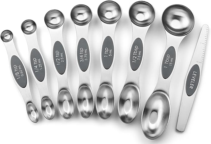 Spring Chef Stainless Steel Magnetic Measuring Spoons Set of 8 with Leveler, Dual Sided Metal Teaspoon & Tablespoon Measuring Spoons - Kitchen Gadgets For Baking and Cooking, Gray