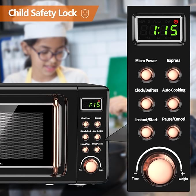 Moccha Retro Microwave, 0.7Cu.ft Compact Microwave, 700-Watt Countertop Microwave Ovens w/5 Micro Power, Delayed Start Function, LED Display, Child Lock, Small Microwave (Black)