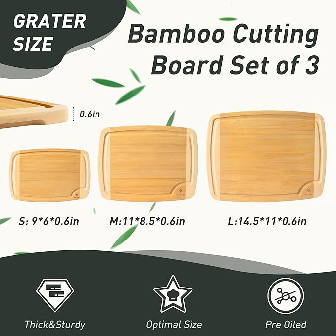 3 packs Bamboo Cutting Board Set Non Slip Feet Over Sink For Kitchen Meal Prep & Serving Brides Her Wedding Day Bridal Shower Engaged Wed House Christmas Married Future Unique Cool Gifts