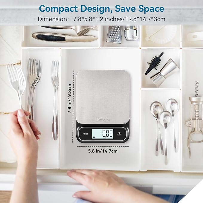 BOMATA Waterproof IPX6 Kitchen Scale, 0.1 g/0.01 oz High Precision, 5 kg/11 lbs, Digital Scale with Backlight, Stainless Steel Weighing Platform, for Food, Cooking, Baking, Weight Loss.. B619, Grey
