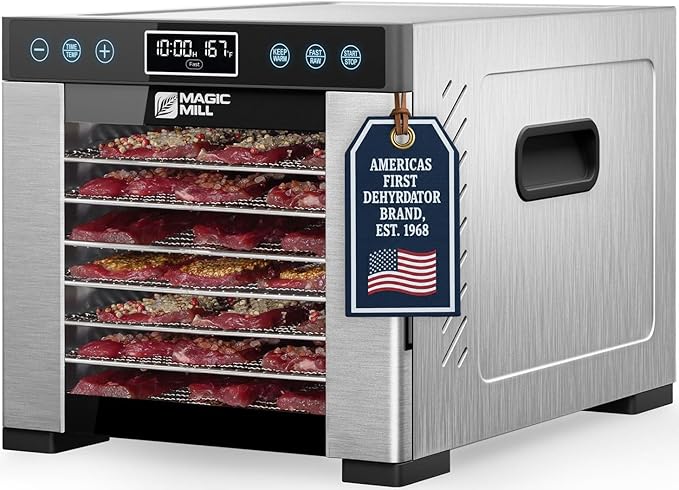 Magic Mill Pro Food Dehydrator Machine | Powerful 600W Rear Fan Even-Drying System | 7 Full-Size Stainless Steel Trays | 95°-176° Temperature Control, 48H Timer, Keep Warm + Auto Shutoff | ETL Listed