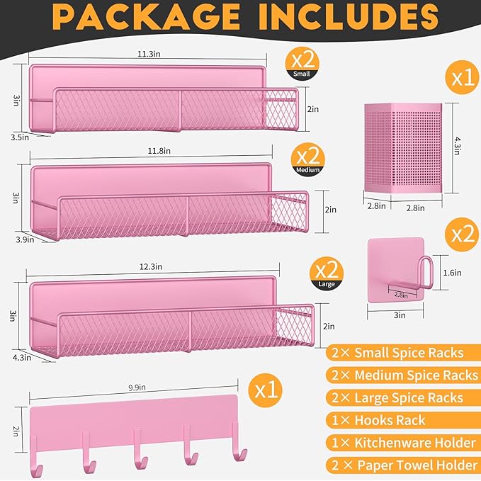 Magnetic Spice Rack for Refrigerator, 10 Pack Metal Magnetic Shelf, Moveable Spice Organizer with Hook Rack, Paper Towel Holder, Kitchenware Holder, Strong Magnetic Storage Fridge Organizer Pink