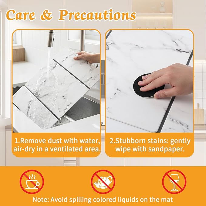 Stone Dish Drying Mat for Kitchen Counter, 24''×15'' Dishes Drying Matt Kitchen Counter, Absorbent Diatomaceous Earth Bath Quick Dry Mats for Tableware, Bottles and Cup (White Marble)