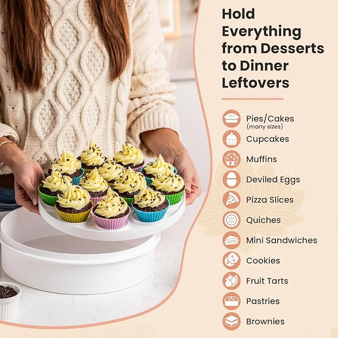 Premium 4 in 1 Cupcake Carrier with Lid - Cupcake, Deviled Egg, Pie & Cake Container - Includes Pie Crust Shield & 12 Silicone Baking Cups