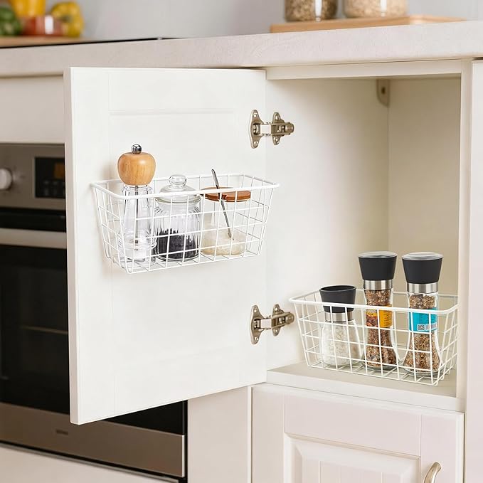 2 Set LeleCAT Hanging Wall Basket Organizer Over the Cabinet Door Adhesive Wire Baskets for Organizing Kitchen Food Pantry Bathroom Shelf Storage No Drilling Wall Mounted,White