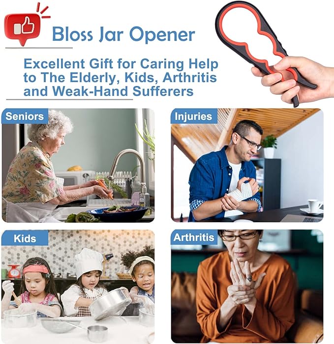 Bloss Jar Opener Bottle Opener Jar Gripper for Weak Hands, Seniors With Arthritis and Children, 4 in 1 Multi-Function Non Slip Colorful Can Opener Tool Get Lids Off Easily, Black Red
