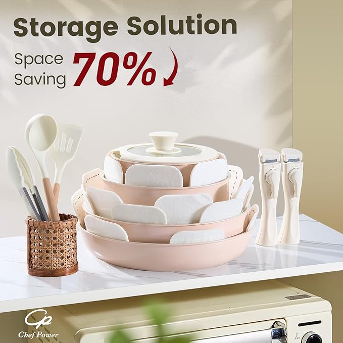Chef Power Ceramic Nonstick Pots and Pans Set 19 Piece with Detachable Handle, Induction Dishwasher Oven Safe Cookware Set, RV Kitchen Set Removable Handle (Light Pink)