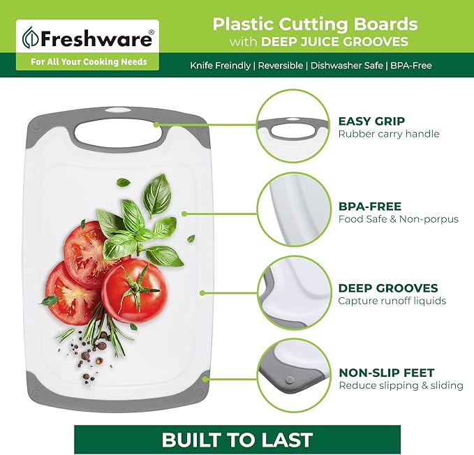 Freshware Cutting Boards for Kitchen, Chopping Board 3-Pack with Different Sizes, Juice Grooves and Non Slip Handles - Reversible, Large Cutting Board Set - Dishwasher Safe - Gray
