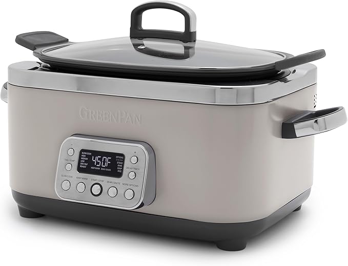 GreenPan Elite 14-in-1 Programmable 6QT Electric Slow Cooker, Dishwasher Safe Lid & Removable Crock, PFAS-Free Healthy Ceramic Nonstick Multi-Cooker, Sear, Sauté, Brown, Steam Basket, Roast, Clay