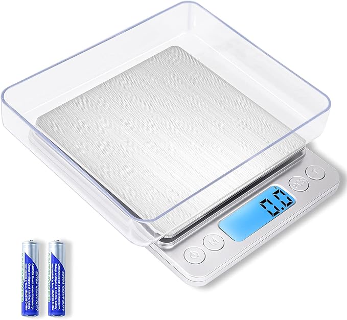 Small Digital Food Scale Ounce/OZ and Gram Scale, Kitchen Scale 3000g/0.1g High Precision for Baking, Soap Making, Jewelry, Includes 2 Trays and Batteries, 9 Units, Tare Function, Easy to Store
