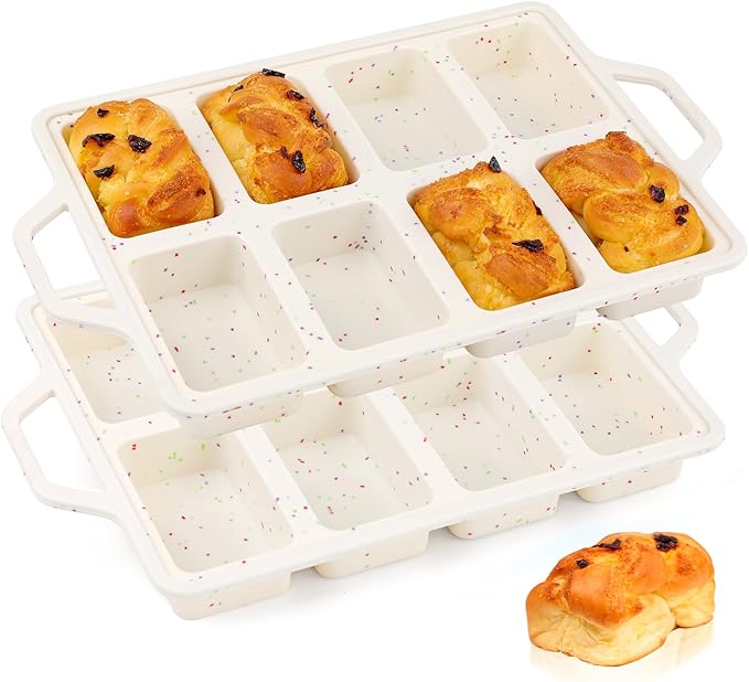 Vinino Silicone Mini Loaf Pans with Metal Reinforced Frame-2 Pack, Non-stick Silicone Bread Pan for Baking 8-Cavity, Tiny Banana Bread Set, Dishwasher Safe Brownie Pan-Cream