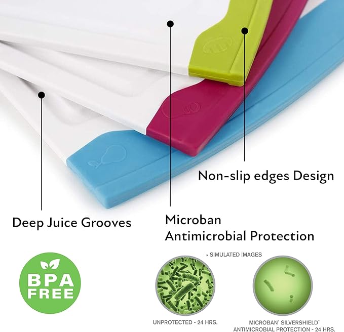 Neoflam 4 Piece Plastic Coded Cutting Board Set plus Organizer with Food Icon, Microban Protection, Extra Large, BPA Free, Juice Groove, Non Slip, Dishwasher Safe, Multicolor