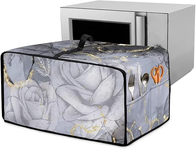 Marble Rose Flower Print Toaster Oven Cover, Stain-Resistant Air Fryer Cover with Storage Pocket, Kitchen Decorative Oven Protector, Black Grey Gold, (Small-14.5*18.46*9 inches)