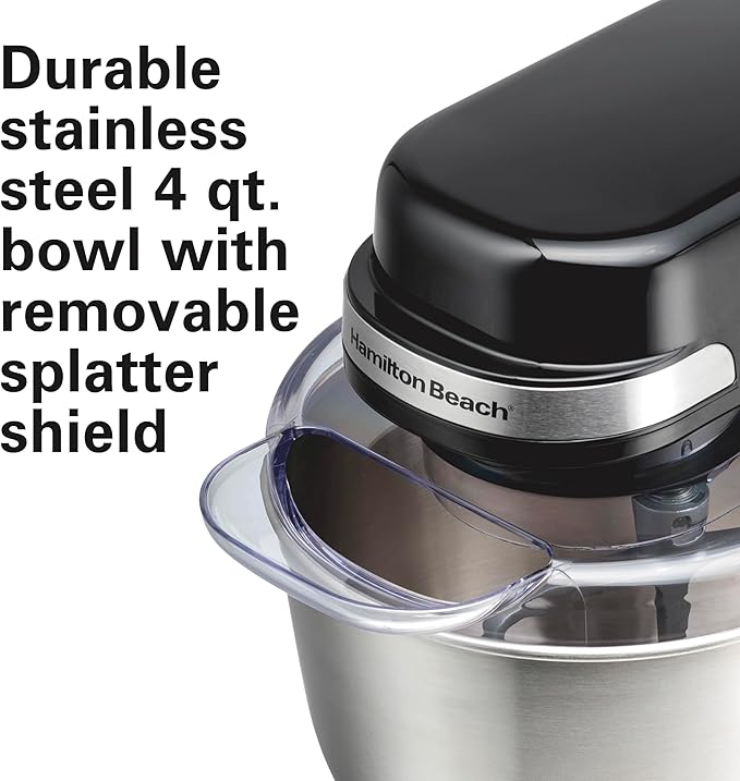 Hamilton Beach Electric Stand Mixer, 4 Quarts, Dough Hook, Flat Beater Attachments, Splash Guard 7 Speeds with Whisk, Black