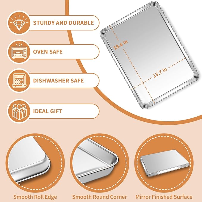 Stainless Steel Baking Sheet Set of 2, Deedro Cookie Sheet Metal Baking Pan Oven Tray, Non Toxic & Heavy Duty, Rust Free & Mirror Finish, Easy Clean & Dishwasher Safe, 20 x 14 x 1.3 Inch
