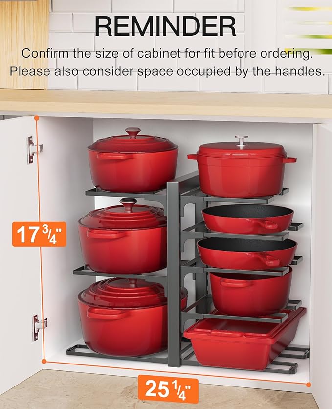 ORDORA Pots and Pans Organizer Rack for Cabinet, 15.83" Height 8-Tier Heavy Duty 120LBS Pot Pan Organizer under Cabinet Adjustable for Dutch Oven, Cast-iron Pan, Heavy Skillets Griddles, Shallow Pot