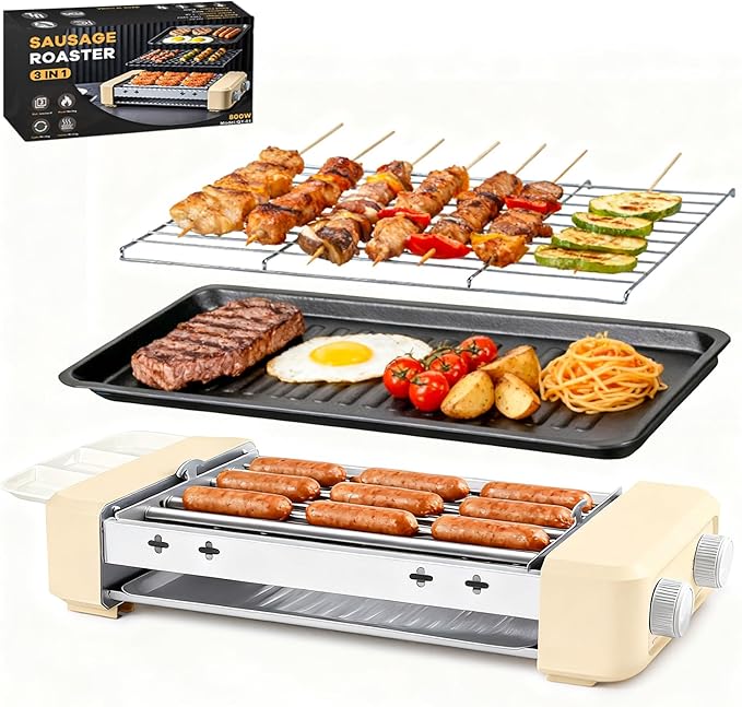 Electric Hot Dog Roller Machine,3 in 1 Indoor Grill with 360° Rotating Tray (9 Sausages) & Removable Grills Net & Nonstick Plate,Hot Dog Roller Grill Sausage Grills for Family BBQ Party