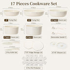 JEETEE Pots and Pans Set Non Stick 17pcs, Kitchen Cookware Sets with Detachable Handle, Induction Nonstick Cookware Set with Removable Handle, Stackable RV Cookware, Oven Safe, PFAS/PFOA Free, Beige
