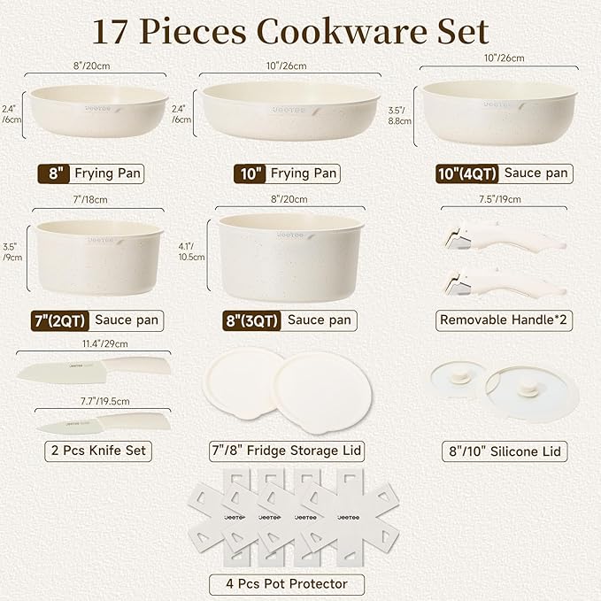 JEETEE Pots and Pans Set Non Stick 17pcs, Kitchen Cookware Sets with Detachable Handle, Induction Nonstick Cookware Set with Removable Handle, Stackable RV Cookware, Oven Safe, PFAS/PFOA Free, Beige