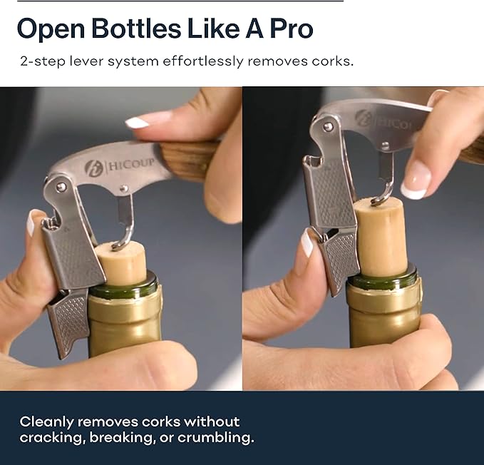 Hicoup Wine Opener - Professional Corkscrews for Wine Bottles w/Foil Cutter and Cap Remover - Manual Wine Key for Servers, Waiters, Bartenders and Home Use - Stainless Steel With Pakka Wood Inlay