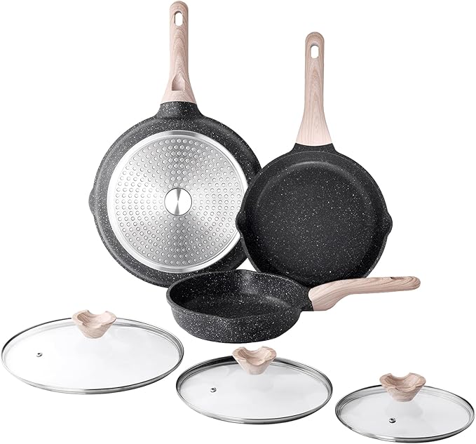 Kordisen Nonstick Frying Pan Set with Lids, 3 Piece Skillet Set, Healthy Induction Cooking Pan, Stay-Cool Handle, Compatible with All Stovetops, PFOA Free (8, 9.5, 11 Inch)