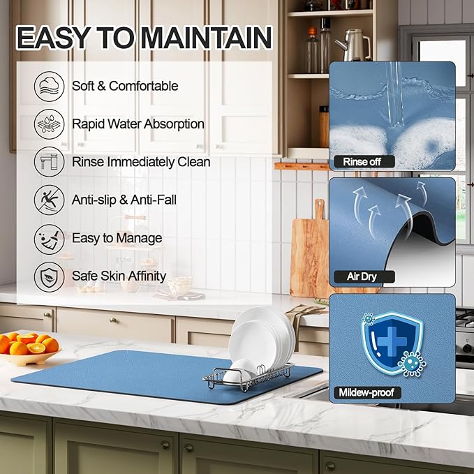 Ecotrim - Dish Drying Mat for Kitchen Counter | Coffee Bar Mat for Countertops | Heat Resistant Drainer Mat with Non-slip Rubber Backed | Hide Stain Kitchen Absorbent Draining Mat | Blue 18"x24"
