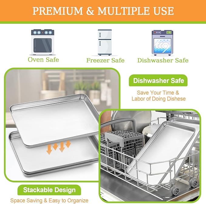 Half Sheet Pan of 2, CEKEE Stainless Steel Baking Sheet Pan Tray Cookie Sheet, Size 18 x 13 x 1 inch, Healthy & Non Toxic, Rust Free & Mirror Finish, Easy Clean & Dishwasher Safe