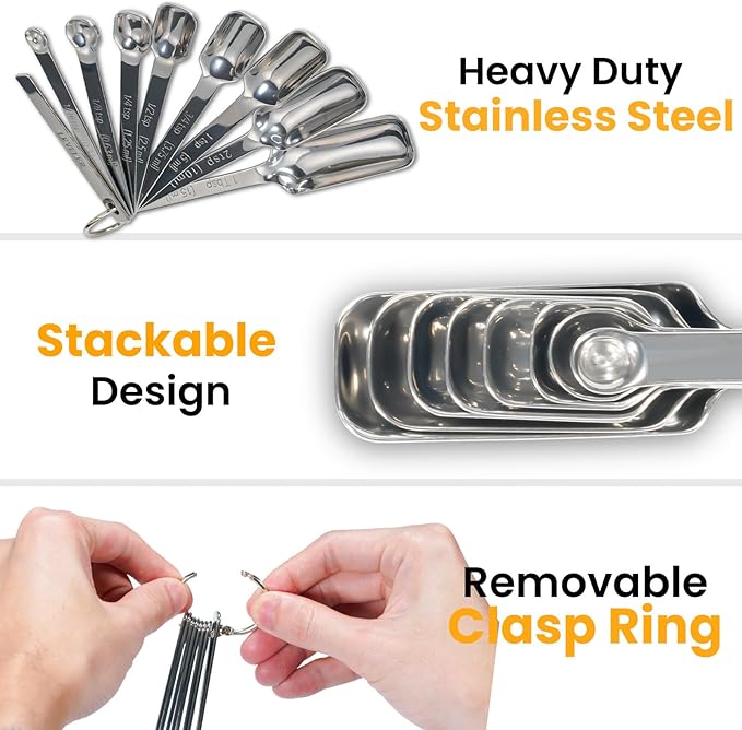Stainless Steel Measuring Spoons Set of 14 with Leveler, Rectangular Teaspoon & Tablespoon Measuring Spoons for Dry & Liquid Ingredients, Slim Design Fits in Spice Jars