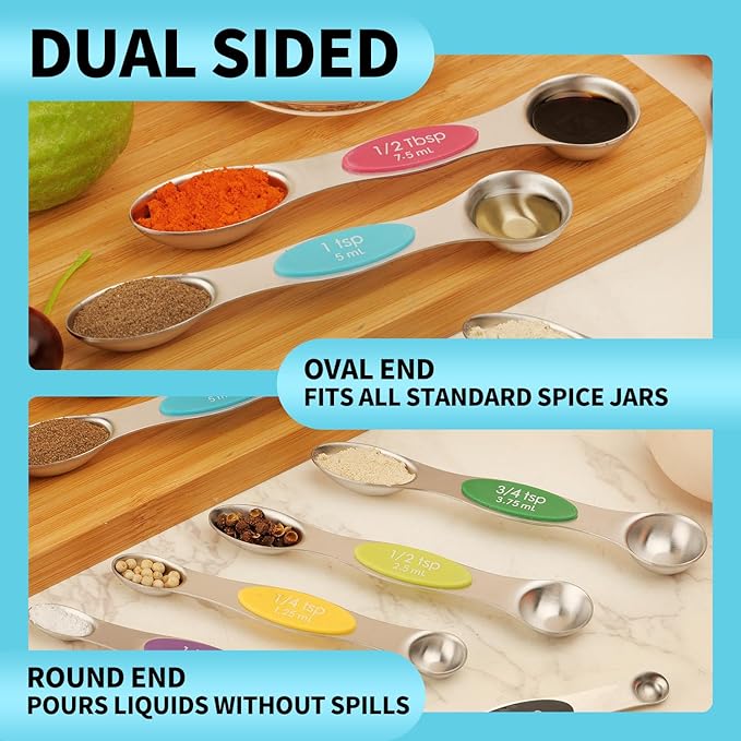 Magnetic Measuring Spoons Set of 9 with Leveler, Color-Coded Dual Sided Stainless Steel Measuring Spoon Set, Stackable Teaspoon and Tablespoon Set for Baking, Cooking, Kitchen Gadgets Dishwasher Safe