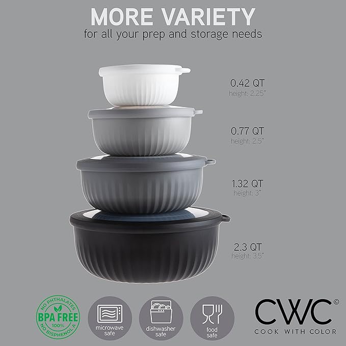 COOK WITH COLOR Prep Bowls with Lids- Wide and Deep Nesting Plastic Small Mixing Bowl Set with Lids, 8 Piece Set - Wide Bowls, Black/White
