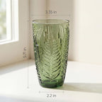Vintage Green Drinking Glasses Set of 4, 16 oz Handcrafted Glass Tumblers, Heavy Textured Highball Cups, Fern Embossed Antique Colored Glassware, Retro Boho Aesthetic Drinkware, Housewarming Gift Set
