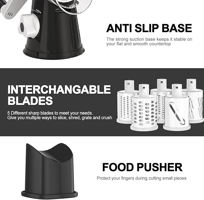 Cambom 5 in 1 Rotary Cheese Grater Hand Crank Cheese Shredder for Fresh Cheese, Vegetable, Nuts,Non-slip Suction Base, Black
