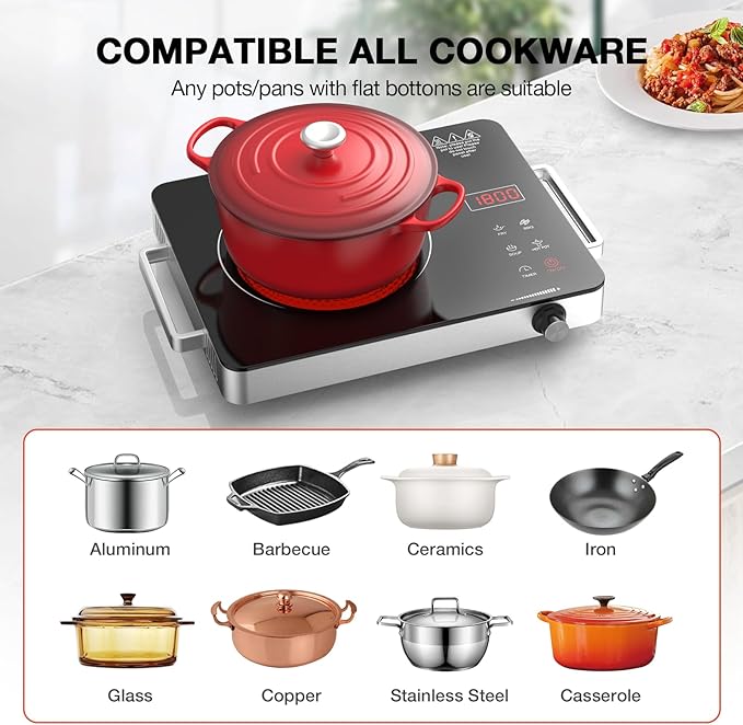 Portable Electric Cooktop 110V, 1800W Electric Stove Infrared Hot Plate with Knob Control, Nafewin Single Burner Countertop Burner with Handle, 4-Hours Timing Setting, Compatible for All Cookwares